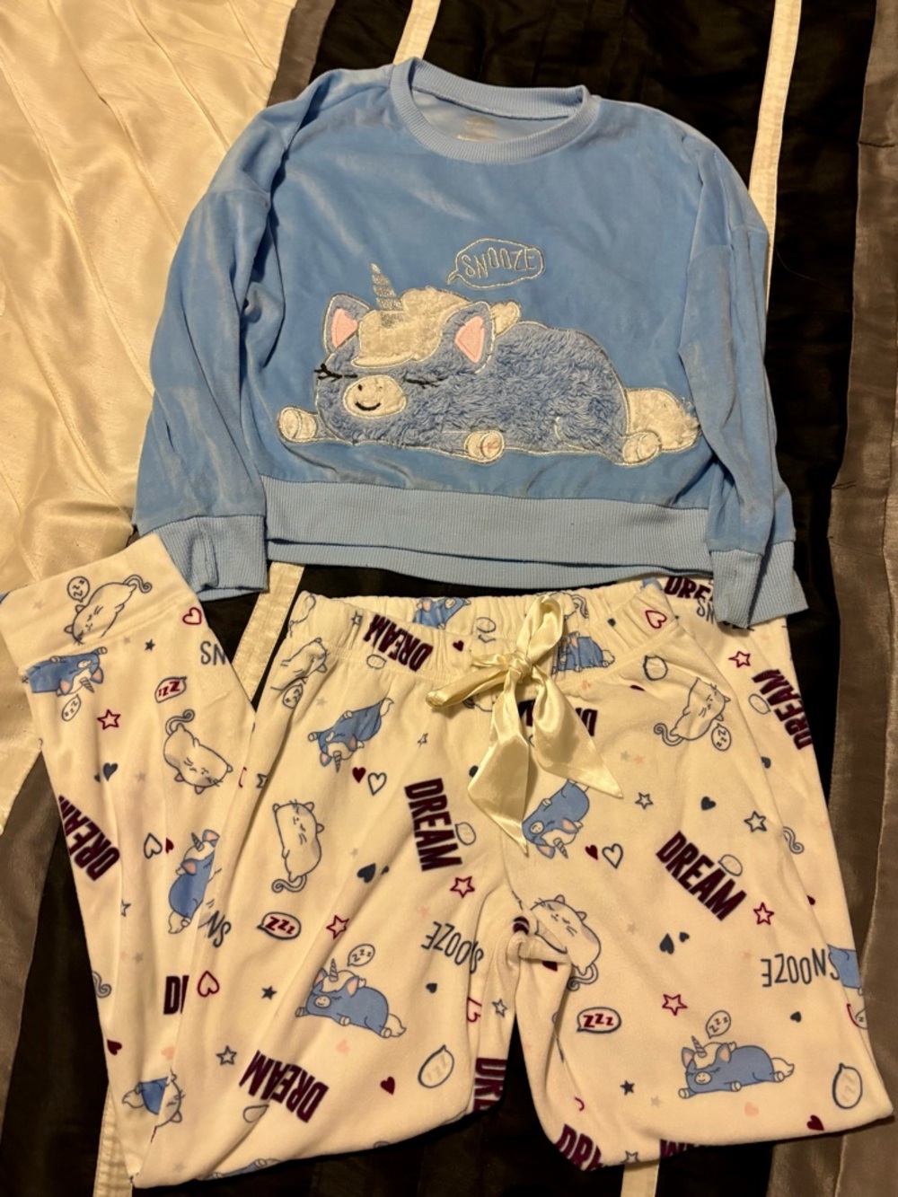Justice Blue Unicorn Pajama Set with Cream Printed Pants